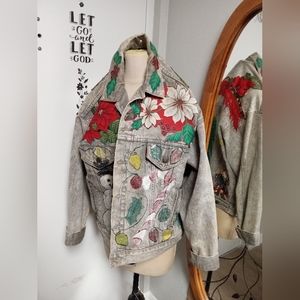 Blue Jean  Painted Christmas Santa Tassel Snap Down Jacket